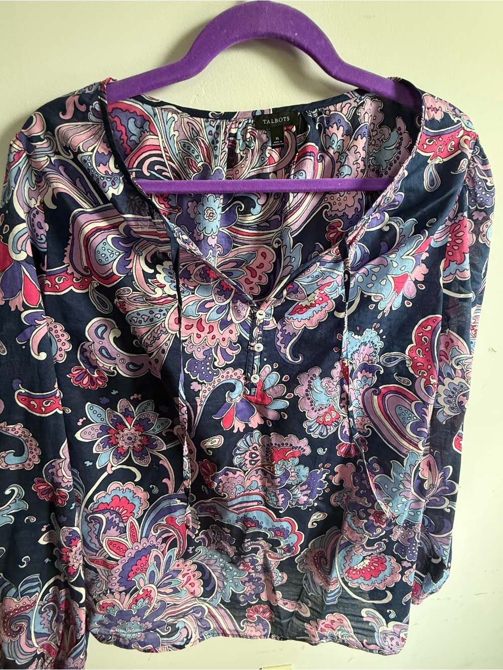 Talbots Navy Paisley V-Neck Blouse with Pink & Purple Accents